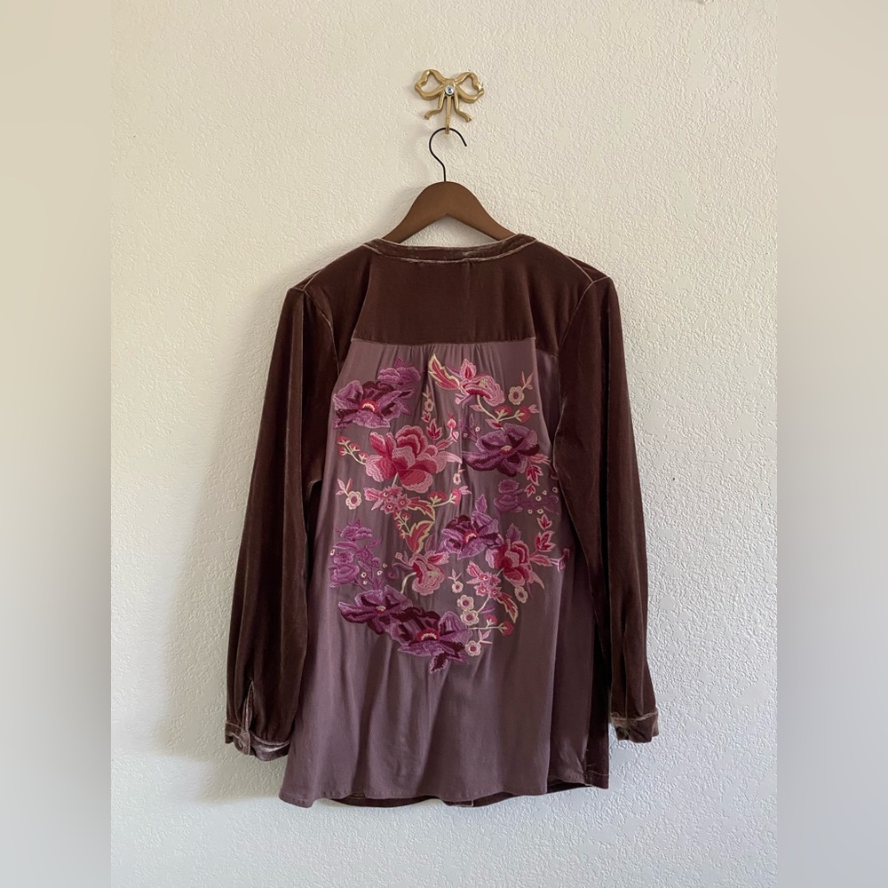 Paparazzi Blouse Womens Small Velour Embroidered Floral Long Sleeve Shirt